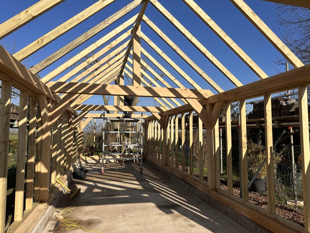 An oak frame being constructed