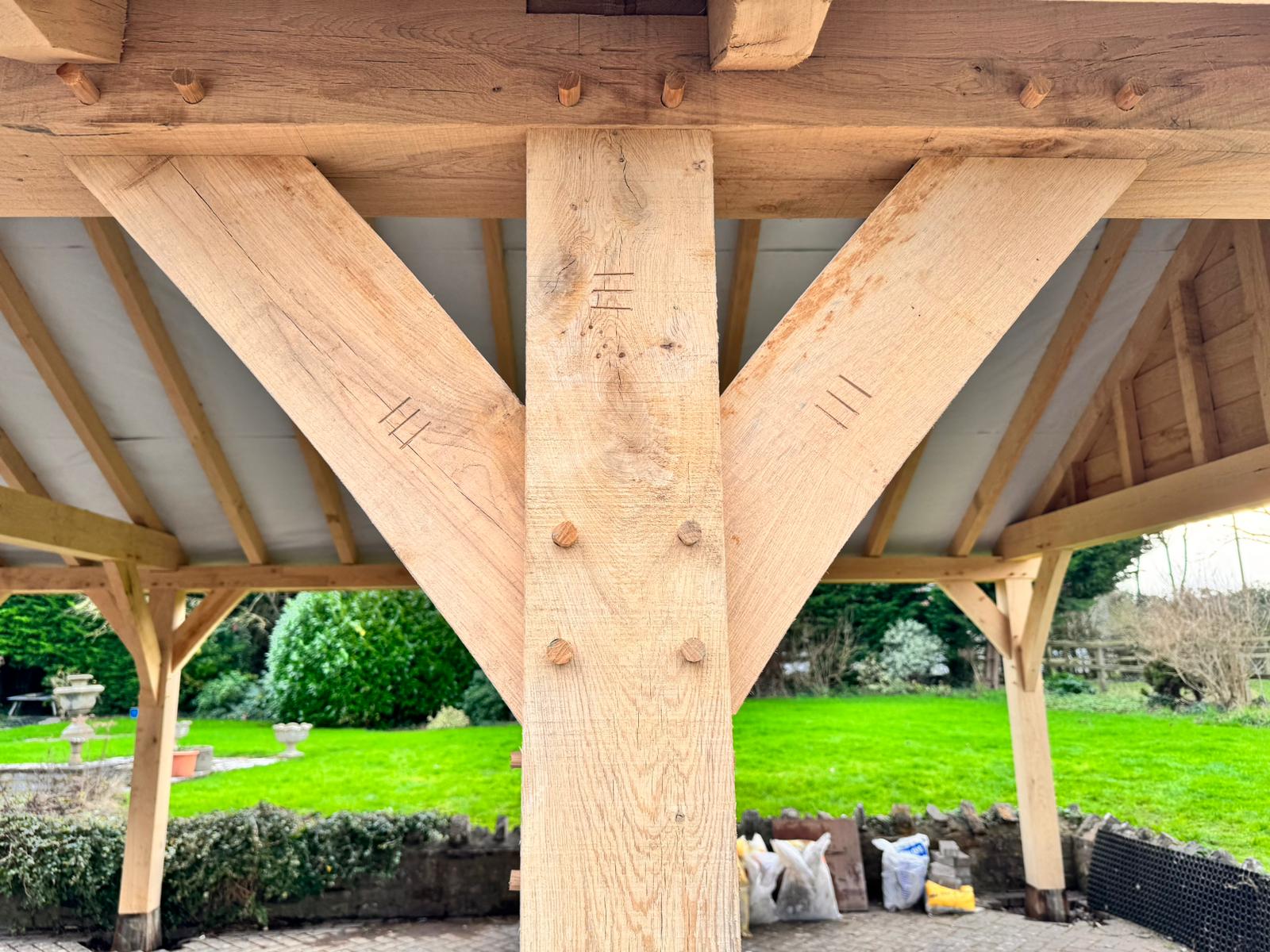 Oak framed joint with carpenters marks